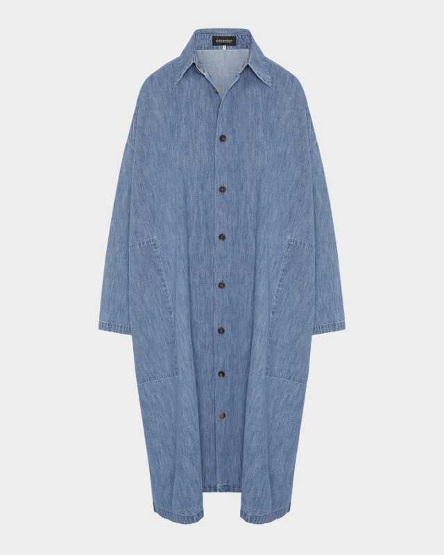 Denim Wide A-Line Back-Pleat Shirtdress With Collar